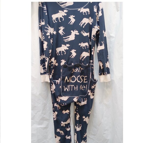 Lazy One XL Don't Moose With Me Blue & White 1 Pc Pajama with Trap Door Flapjack - Picture 2 of 13